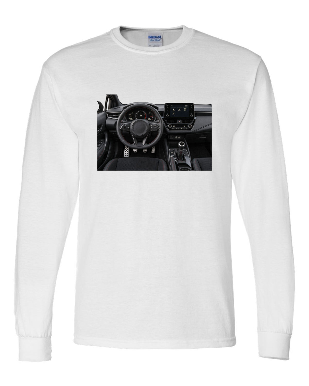 Overhead Toyota GR Yaris G16E-GTS engine bay illustration white long sleeve front view with the design
