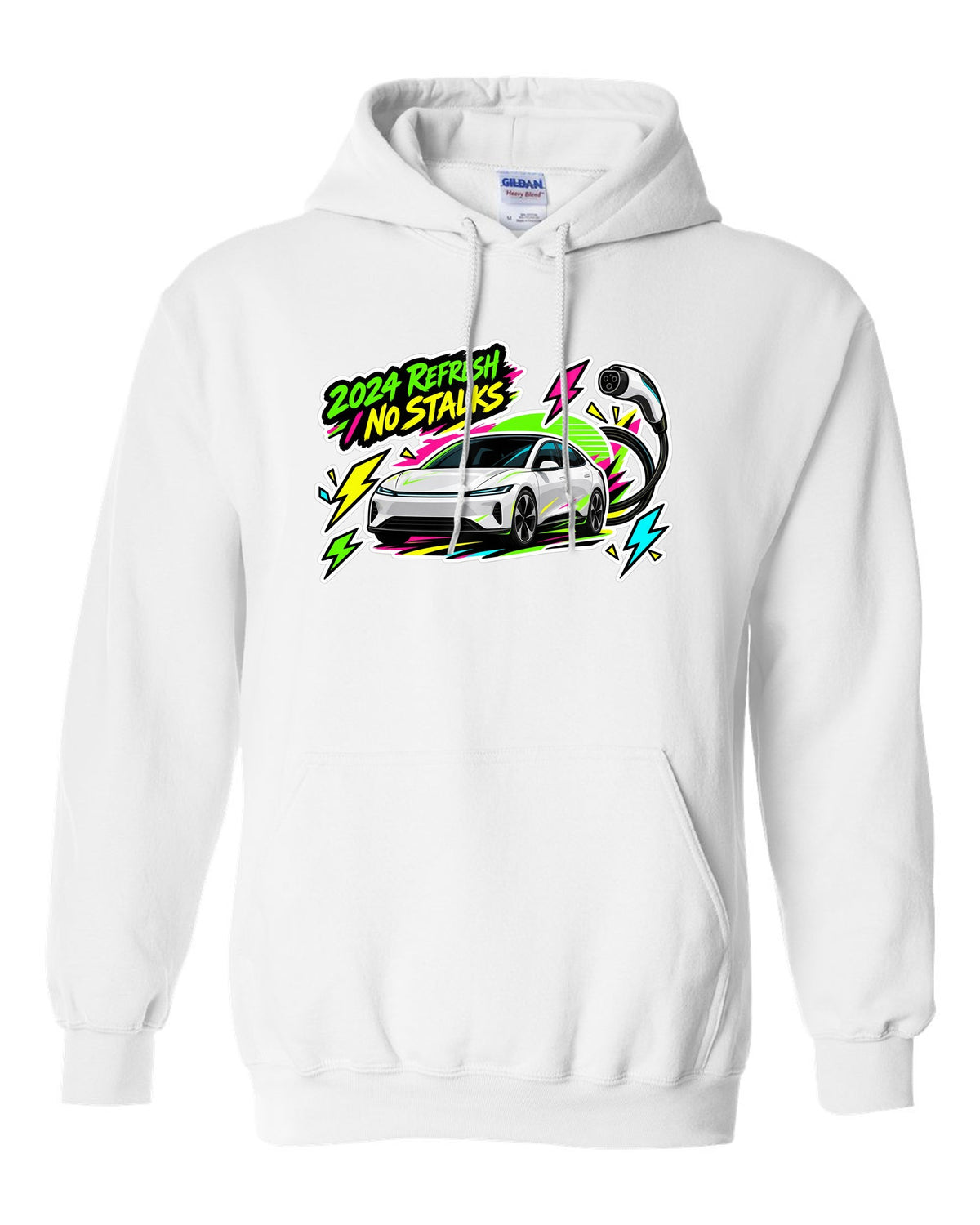 Sticker bomb collage print of a Tesla Model 3 Highland with the text 2024 Refresh No Stalks white pull over hoodie front view with the design