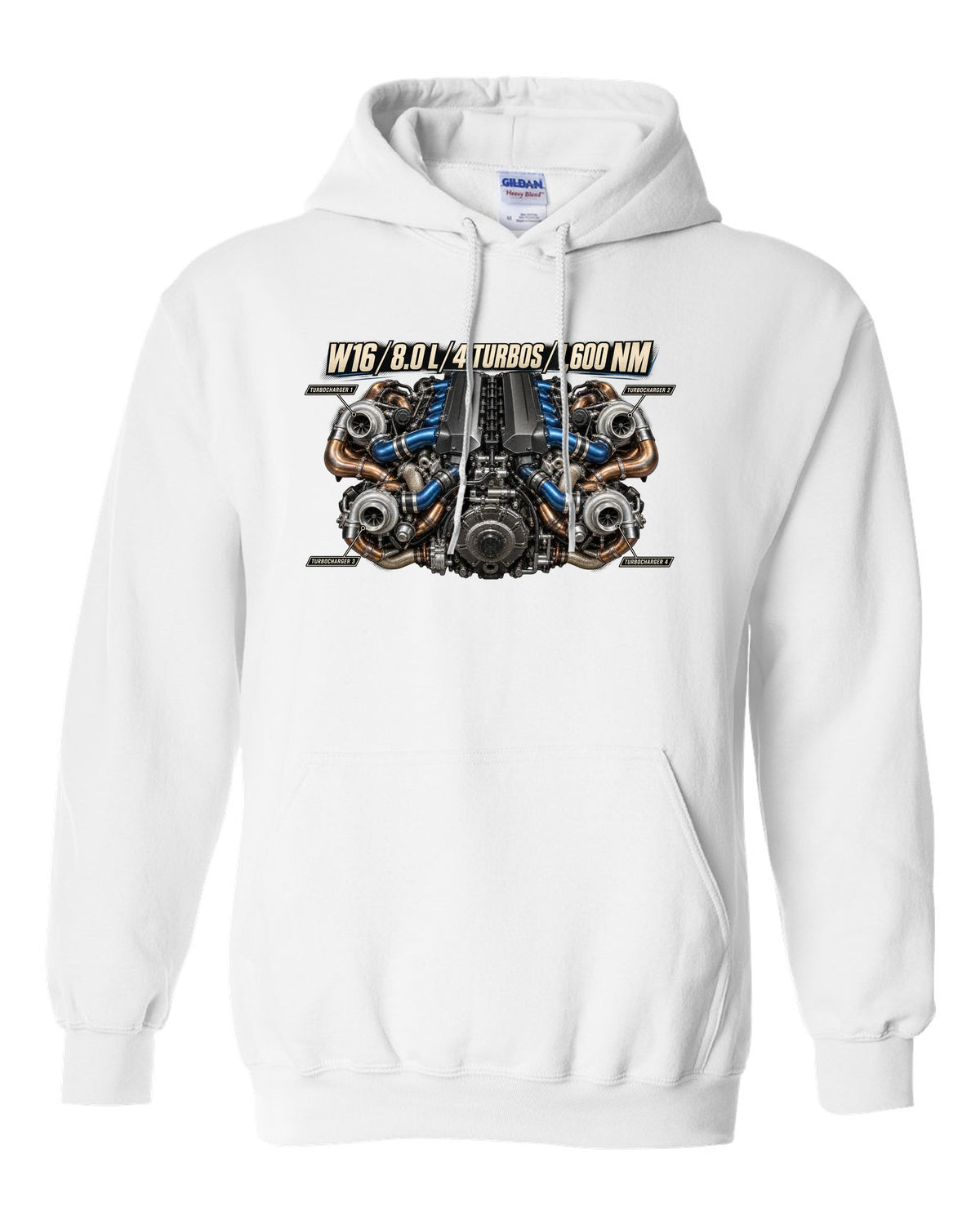 Bugatti W16 8.0 litre quad-turbo engine poster print white pull over hoodie front view with the design