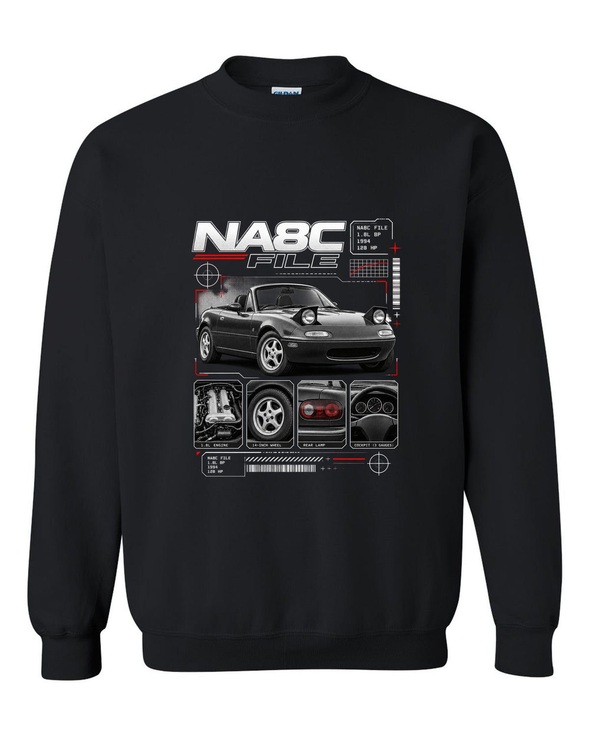Dossier panel print of a Mazda MX-5 NA Eunos Roadster with NA8C spec lettering black crewneck front view with the design