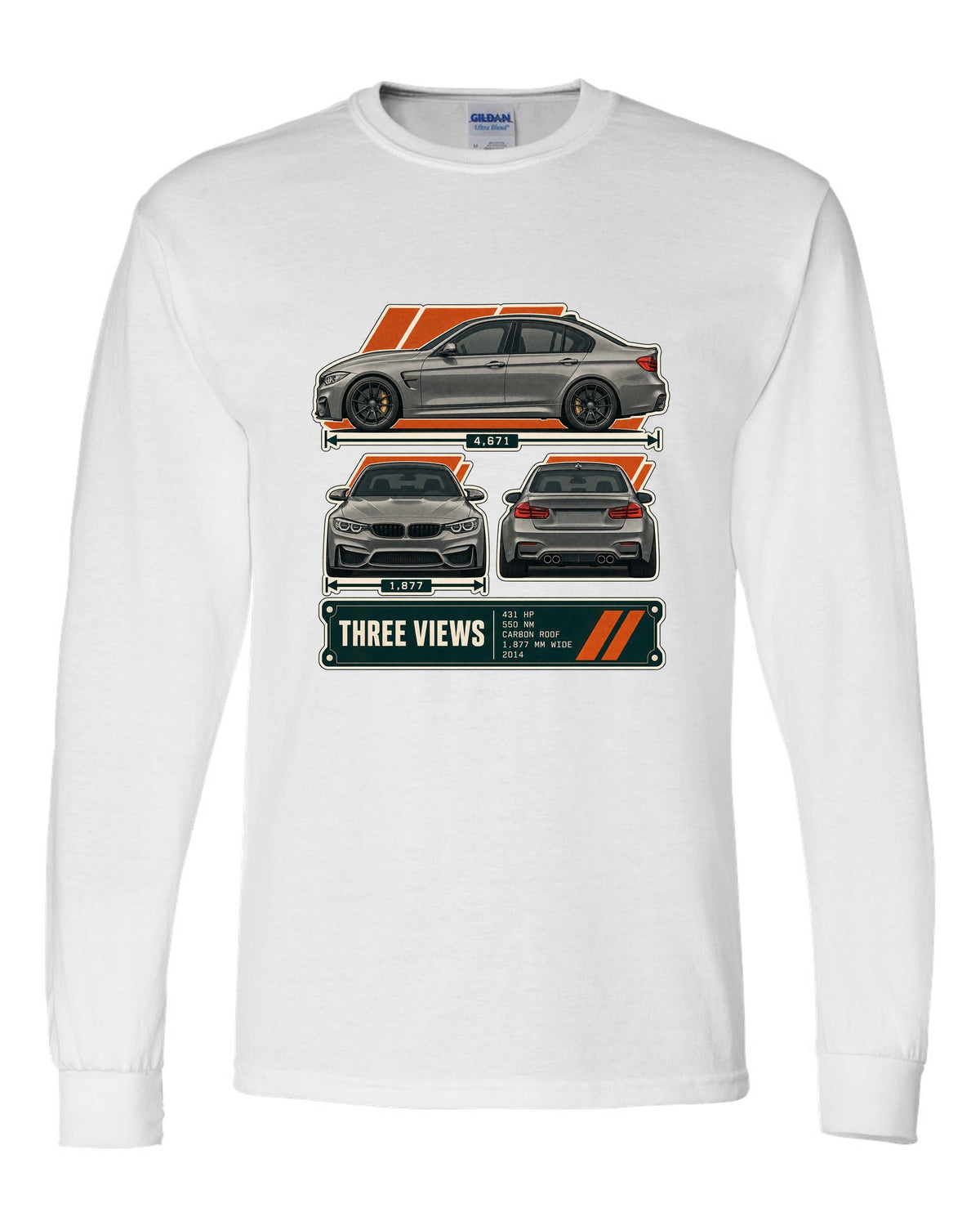BMW M3 F80 three-view drawing with spec table print white long sleeve front view with the design