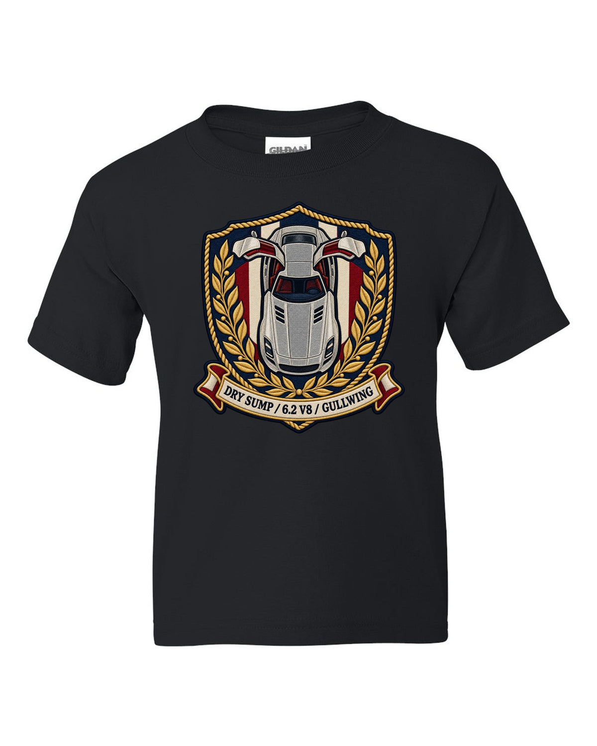 Embroidery style shield crest showing an overhead Mercedes SLS AMG C197 with gullwing doors open black kids tee front view with the design