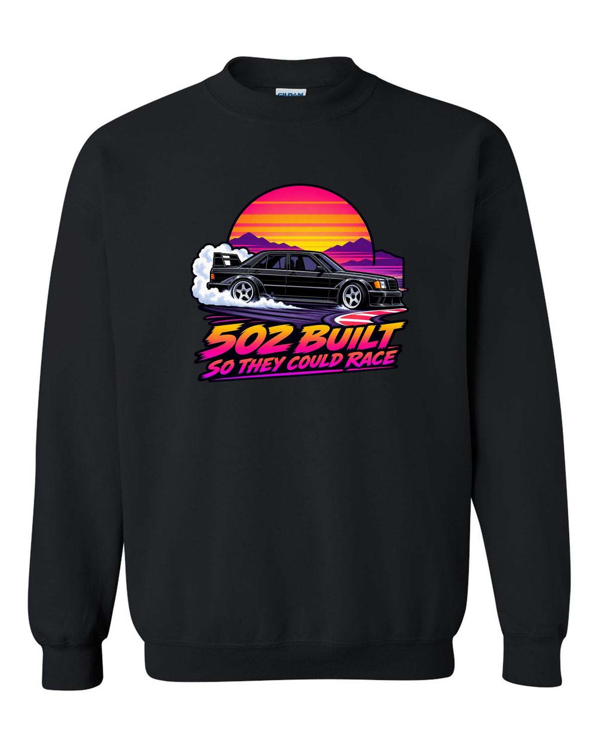 Flat vector eighties sunset gradient print of a Mercedes-Benz 190E Evo II W201 sliding through a chicane black crewneck front view with the design