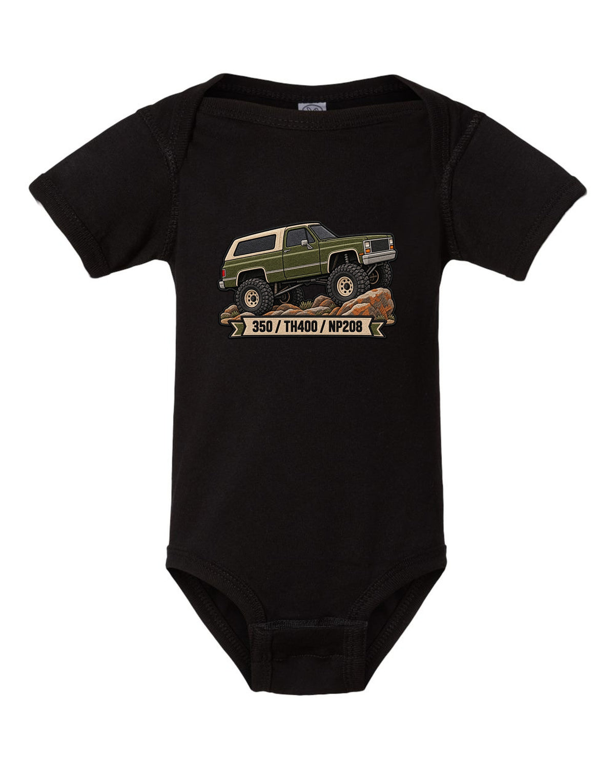 Embroidered patch style design of a 1973-91 Chevrolet K5 Blazer with 350, TH400, NP208 text black baby onesie front view with the design