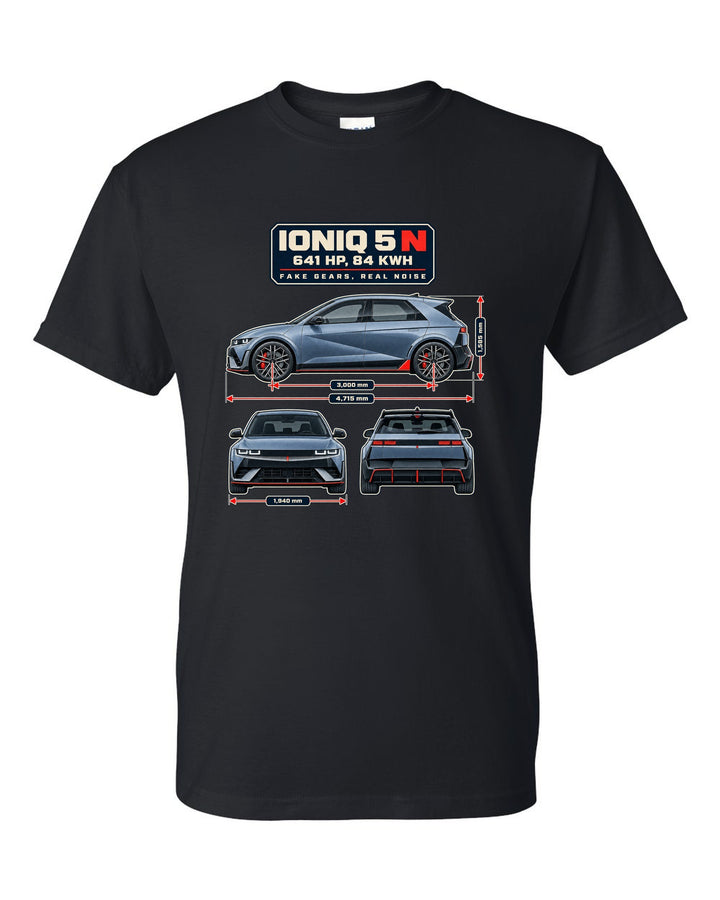Hyundai Ioniq 5 N dimension blueprint print on a shirt black t-shirt front view with the design