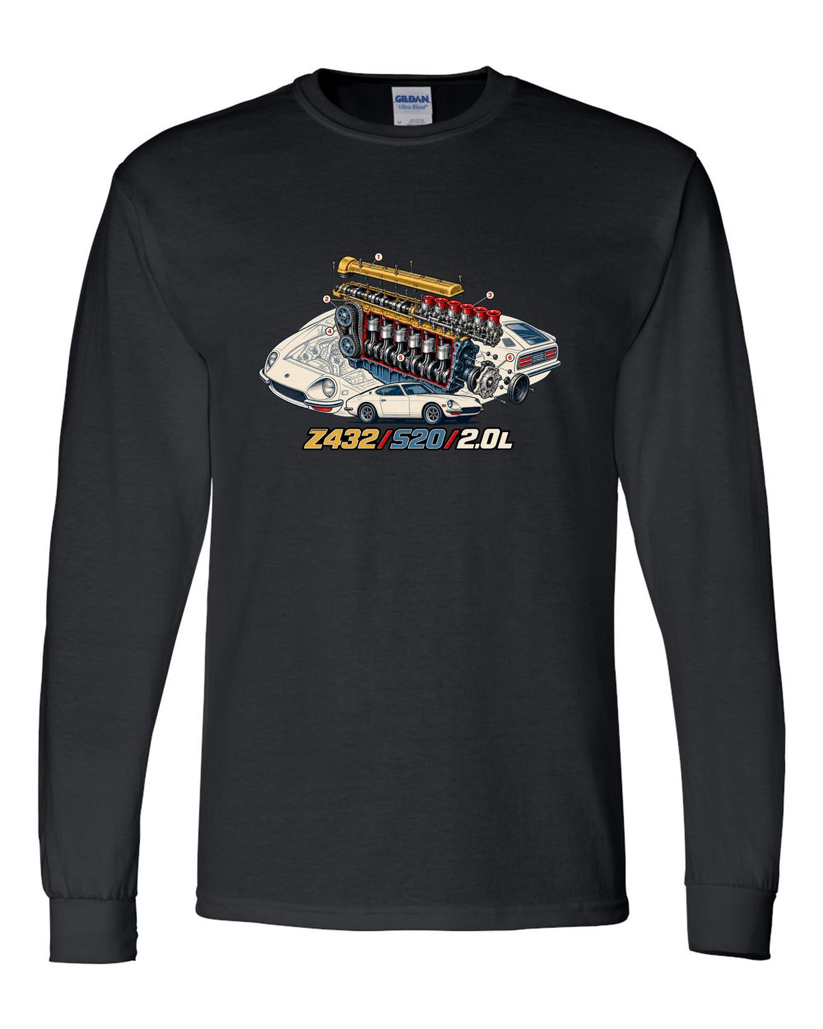 Exploded cutaway engine print for the Z432 with S20 2.0L lettering black long sleeve front view with the design
