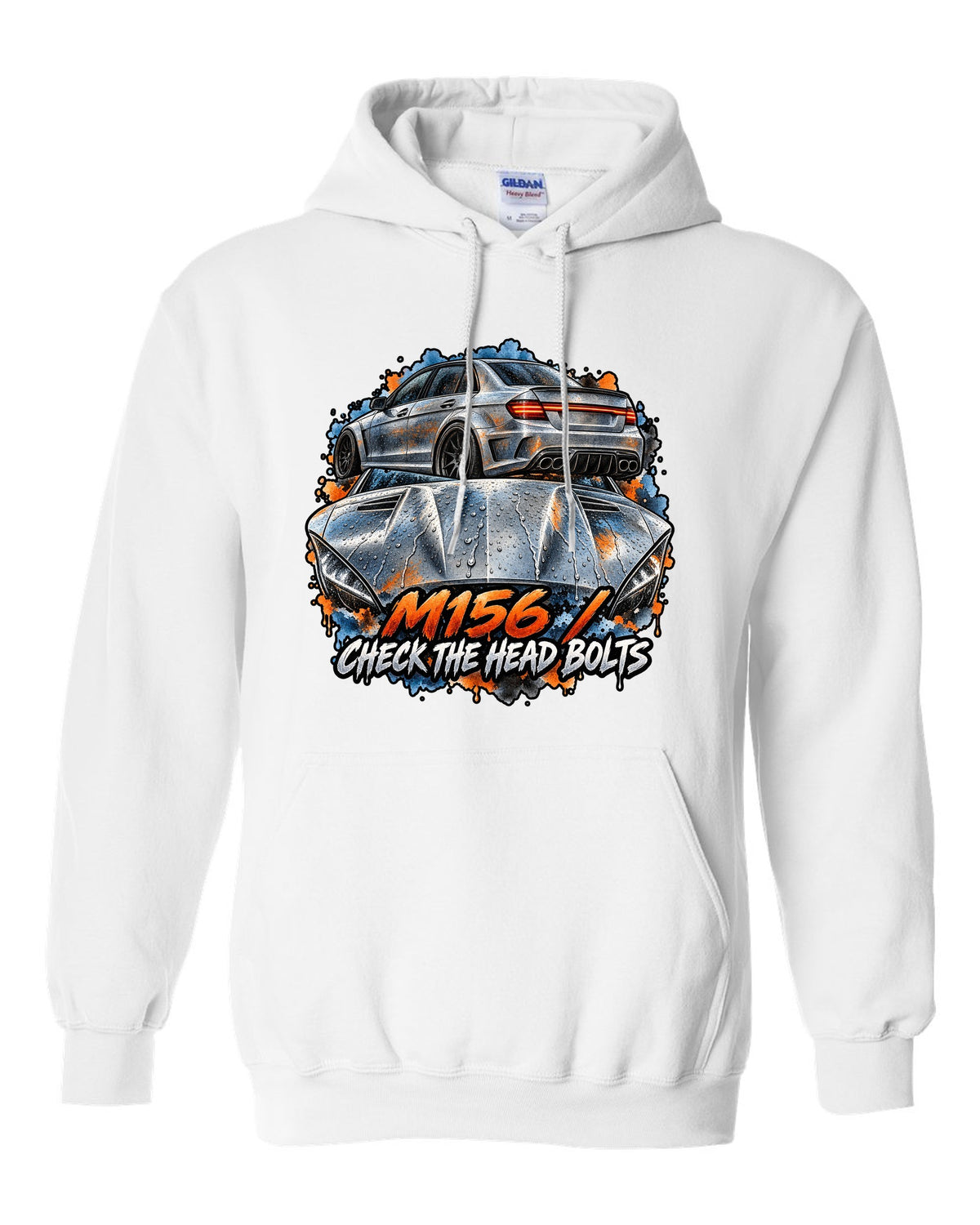 Technical blueprint line art of a cross-drilled brake and Mercedes C63 AMG W204 white pull over hoodie front view with the design