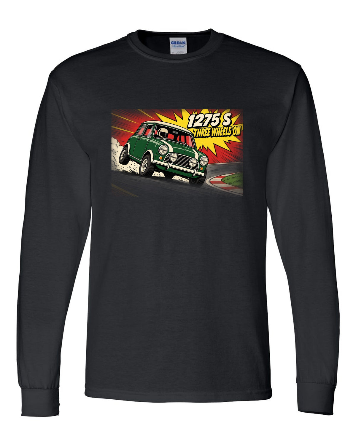 Pop-art flat colour print of a Classic Mini Cooper S 1275 S on three wheels with speed lines black long sleeve front view with the design