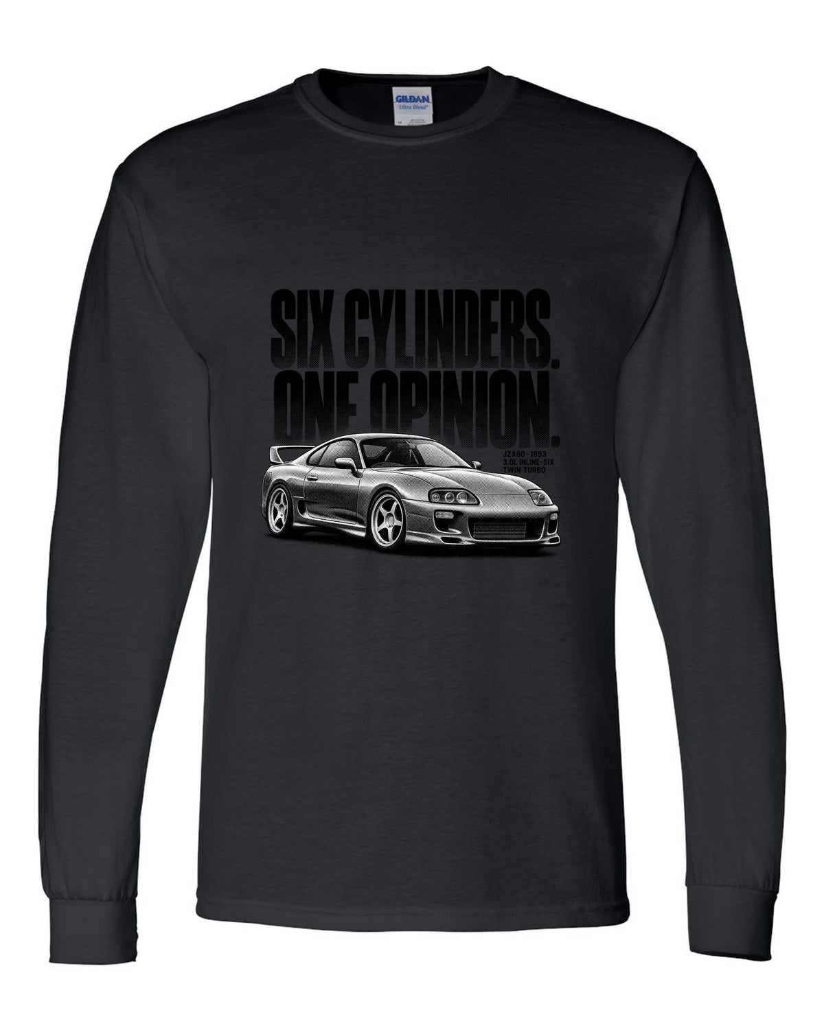 Halftone print of a Toyota Supra A80 JZA80 profile with the text Six Cylinders One Opinion black long sleeve front view with the design