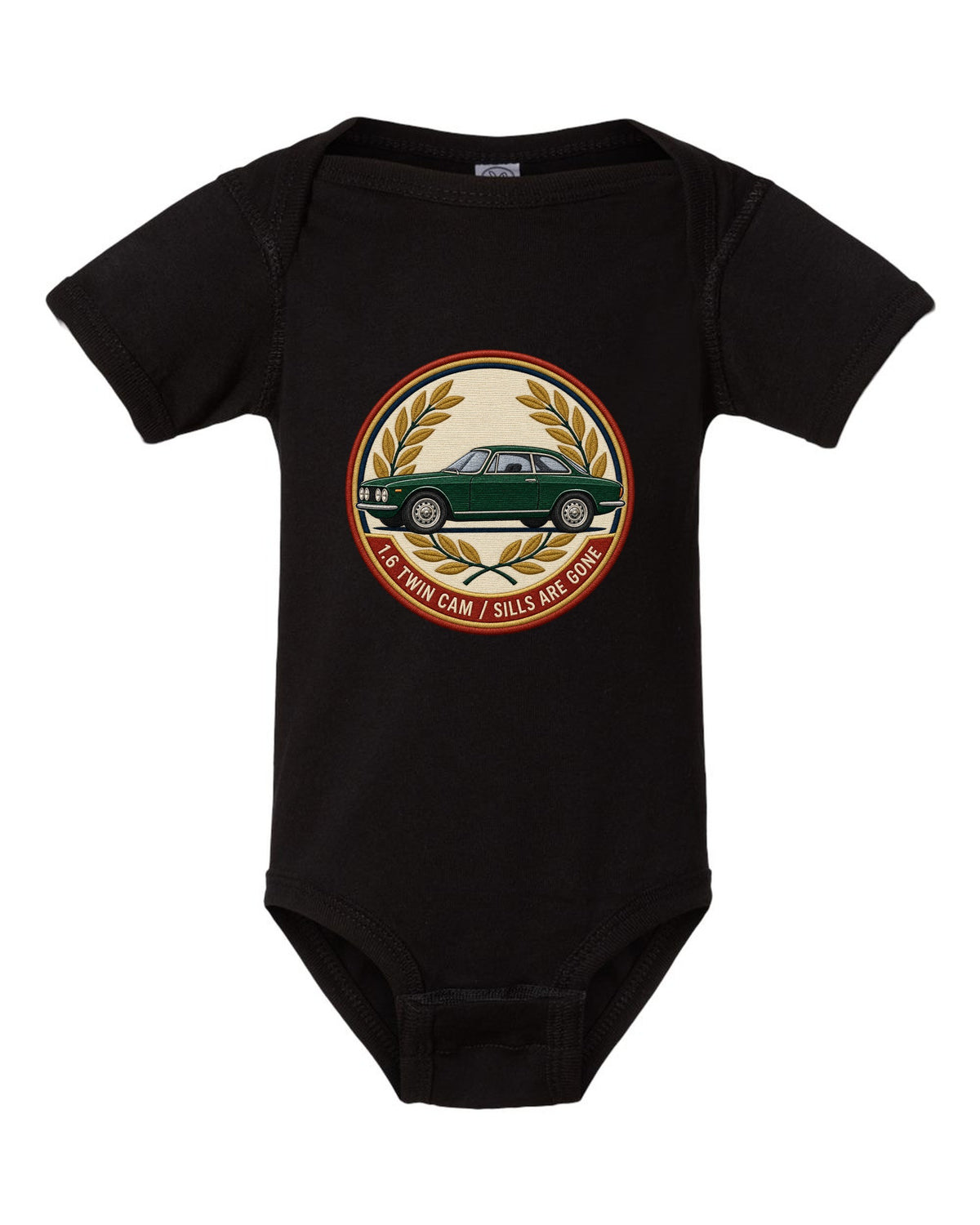 Embroidery style varsity crest for an Alfa Romeo Giulia Sprint GT 105 with 1.6 twin cam black baby onesie front view with the design