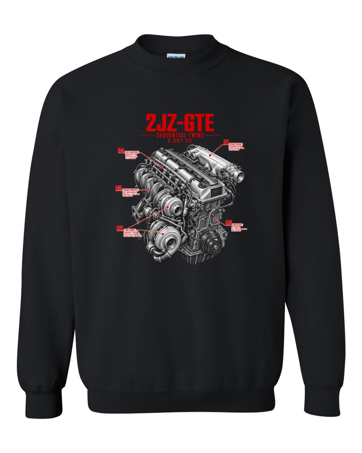 print of a Toyota Supra A80 2JZ-GTE engine with callouts for sequential twins and 2,997 cc black crewneck front view with the design