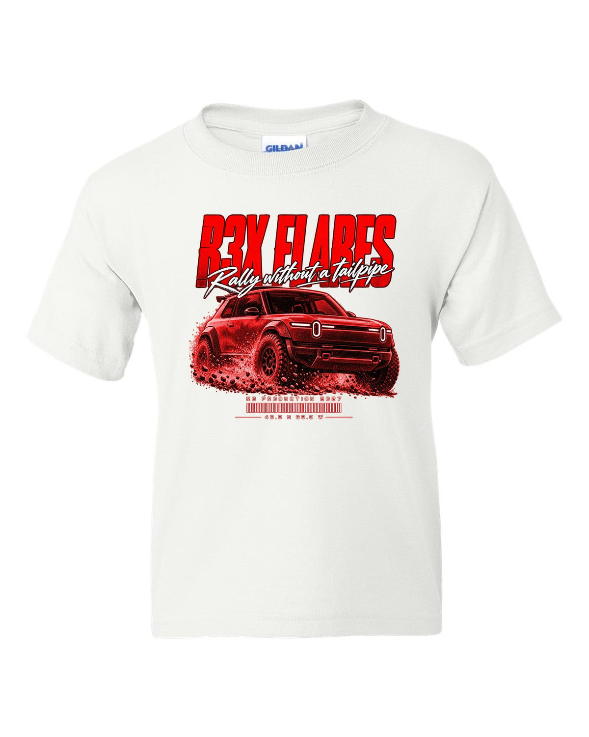 Rally street poster print of a 2027 Rivian R3X with flared arches white kids tee front view with the design