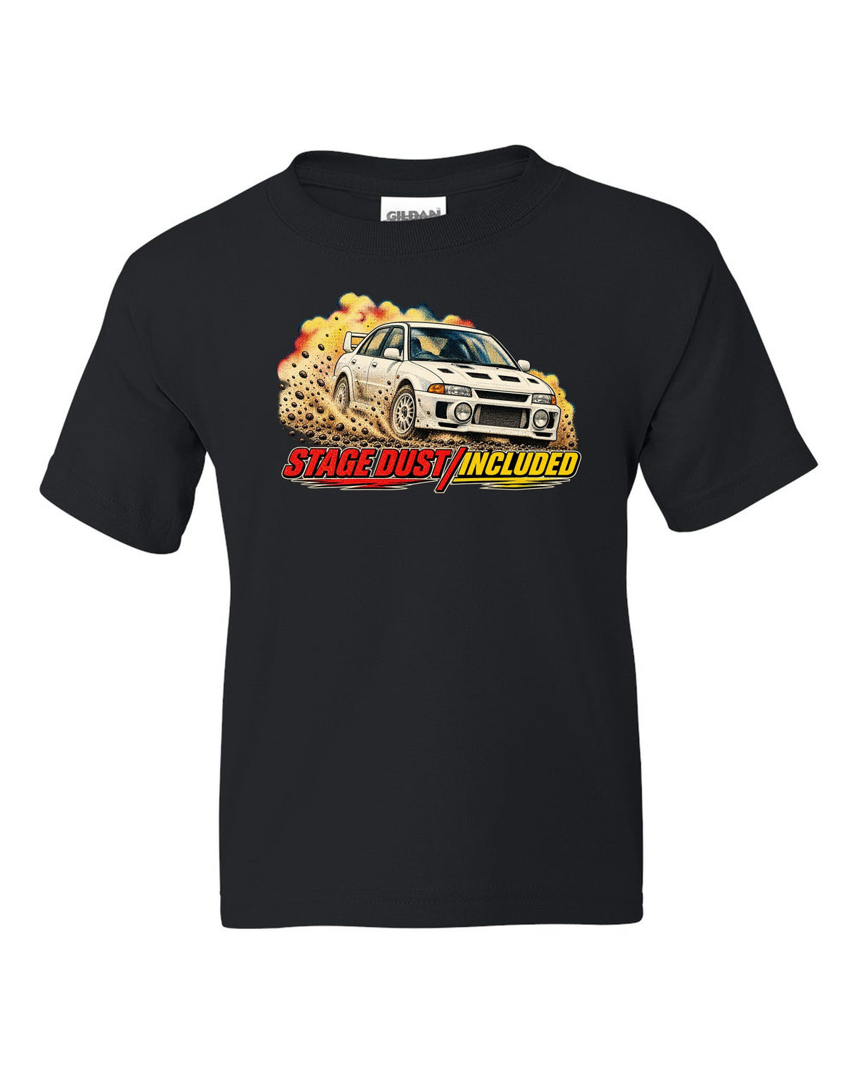 Halftone rally magazine style Mitsubishi Lancer Evolution III CE9A on gravel black kids tee front view with the design