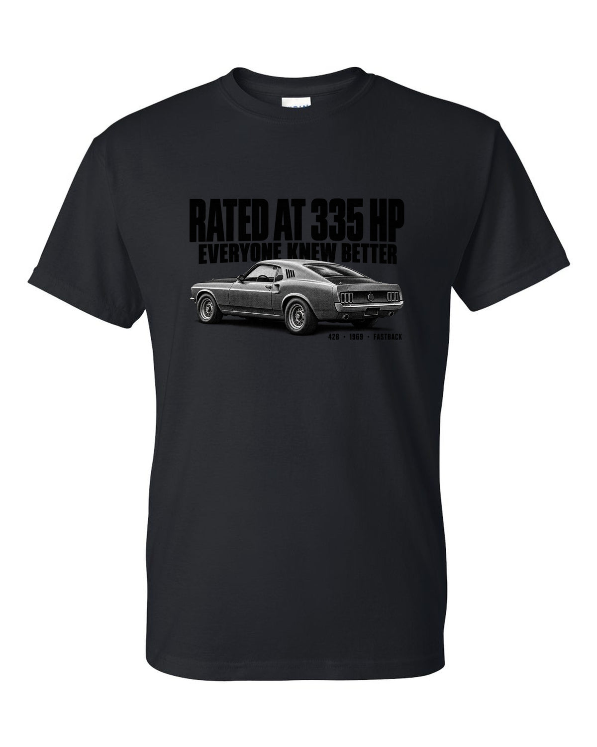 Halftone illustration of a 1969 Ford Mustang fastback with rated at 335 HP lettering black t-shirt front view with the design