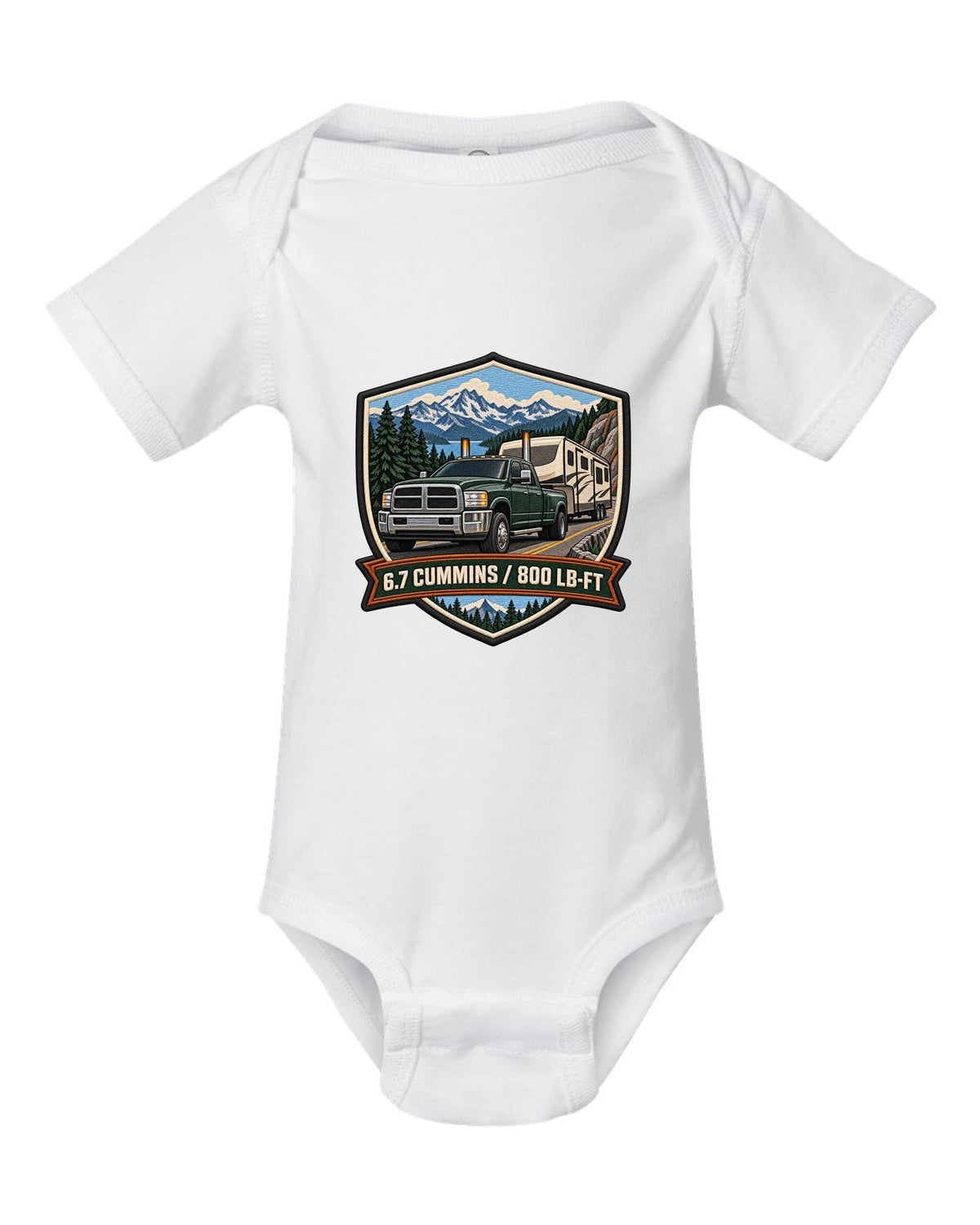 Varsity crest of a 2010-2018 Ram 2500 4th gen towing a camper with 6.7 Cummins 800 LB-FT lettering white baby onesie front view with the design