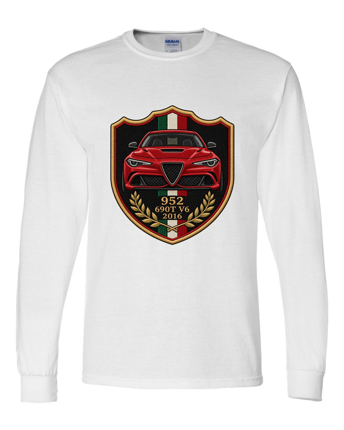 Embroidery style varsity crest for an Alfa Romeo Giulia Quadrifoglio 952 with 690T V6 and 2016 white long sleeve front view with the design