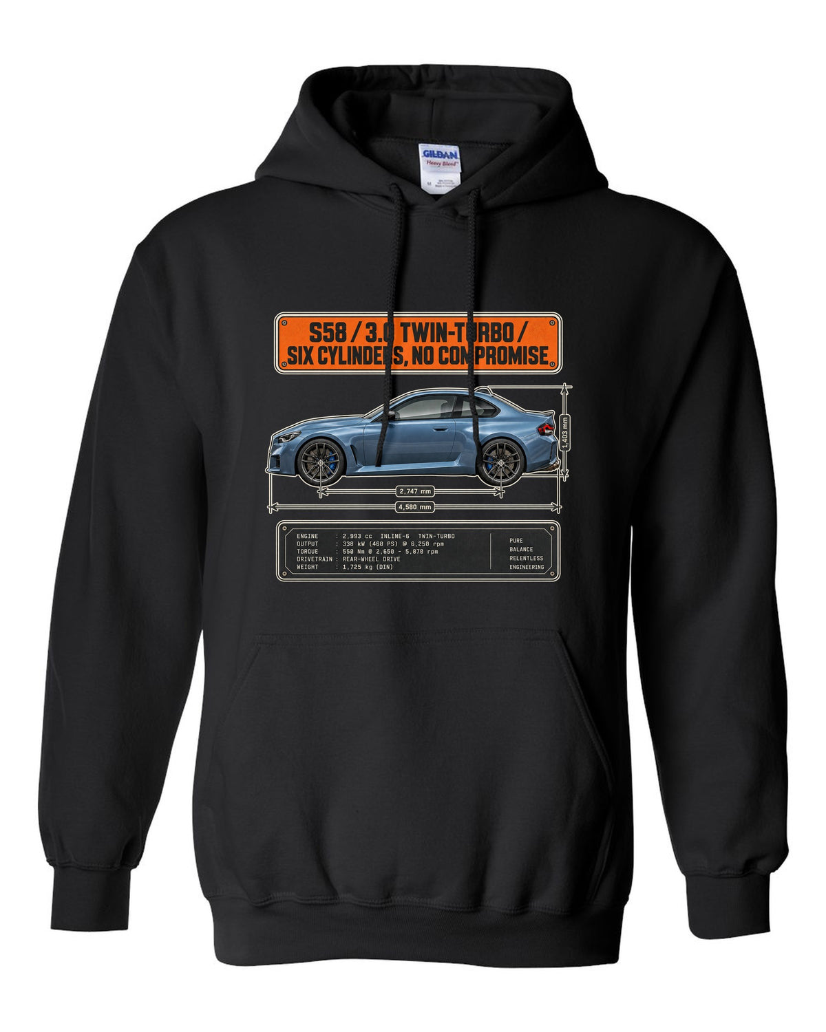 BMW M2 G87 dimension blueprint print with S58 3.0 twin-turbo text black pull over hoodie front view with the design