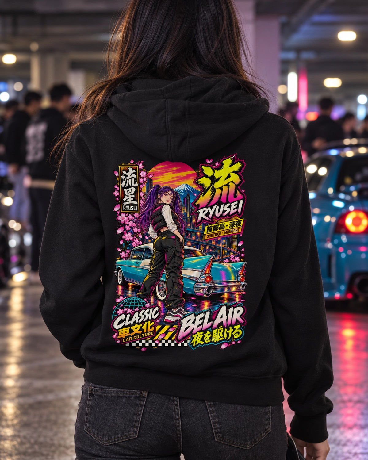 RYUSEI BEL AIR Anime Girl Full-Back Graphic Tee Zip Hoodie Black worn hero