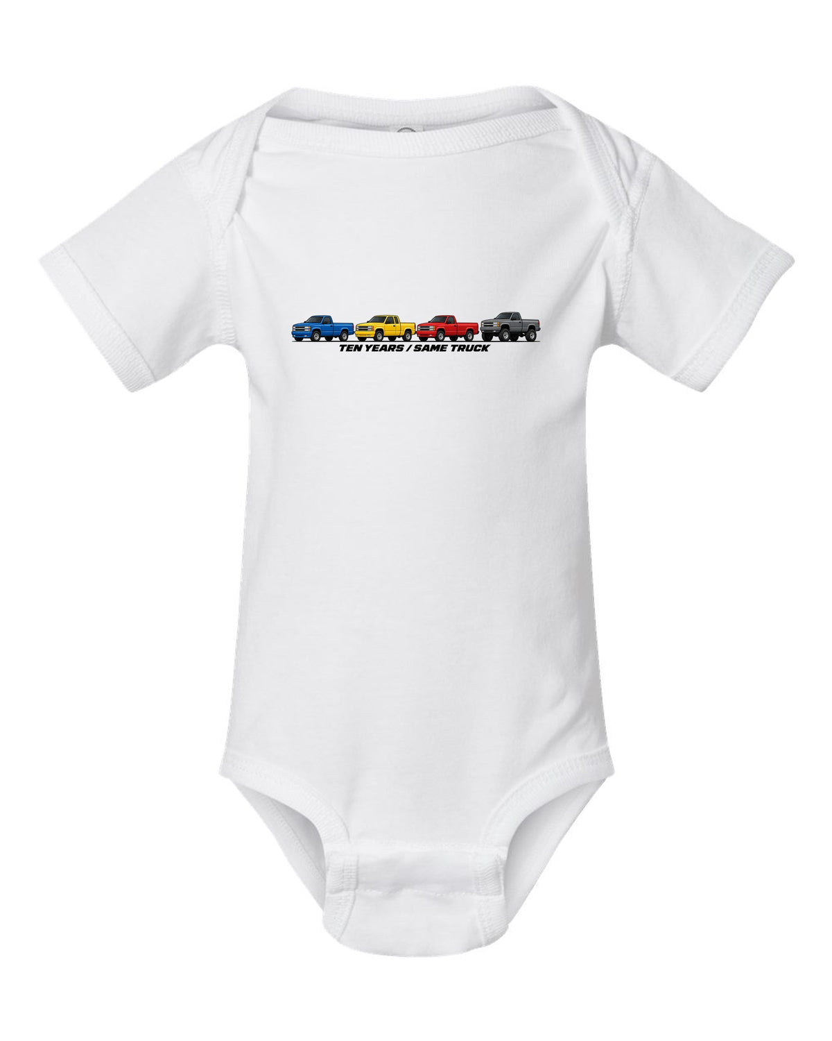 Generation lineup print of 1988-98 Chevrolet GMT400 C1500 K1500 OBS trucks with ten years same truck lettering white baby onesie front view with the design