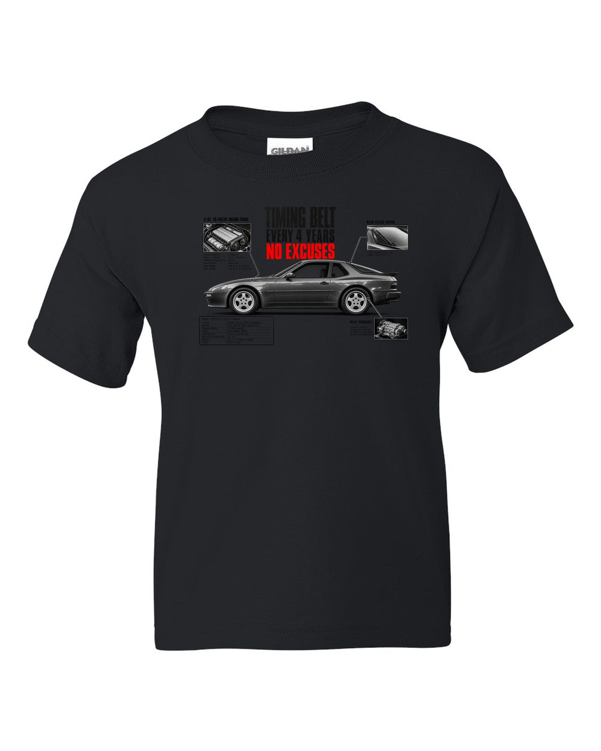 Spec poster print for a Porsche 944 S2 with a timing belt every 4 years caption black kids tee front view with the design