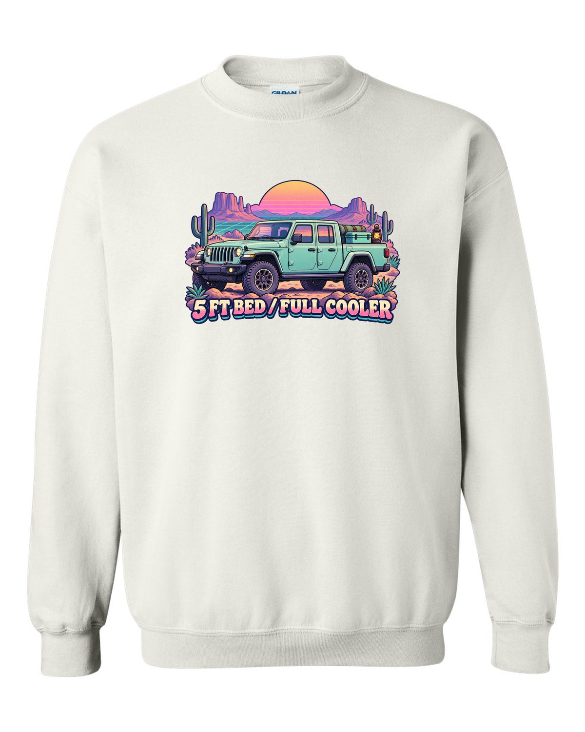 Vaporwave pastel print of a Jeep Gladiator JT in a desert camp with cooler text white crewneck front view with the design