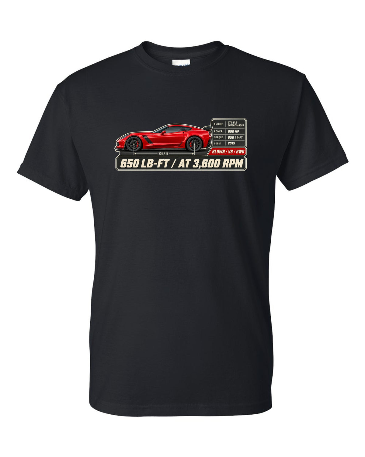 print of a Chevrolet Corvette C7 Z06 spec poster showing 650 lb-ft at 3,600 rpm black t-shirt front view with the design
