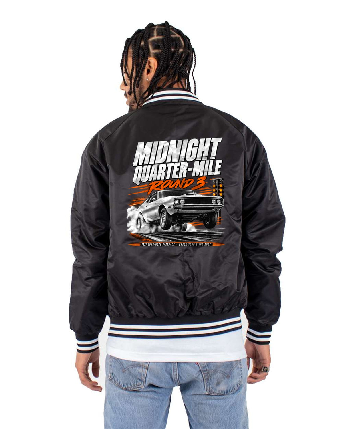 1971 Mustang Long-Nose Fastback Quarter-Mile Poster Tee Bomber Jacket Black back