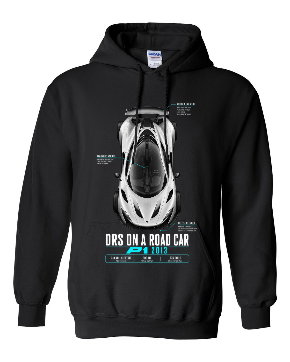 Spec poster print of a 2013 McLaren P1 with DRS on a road car text black pull over hoodie front view with the design