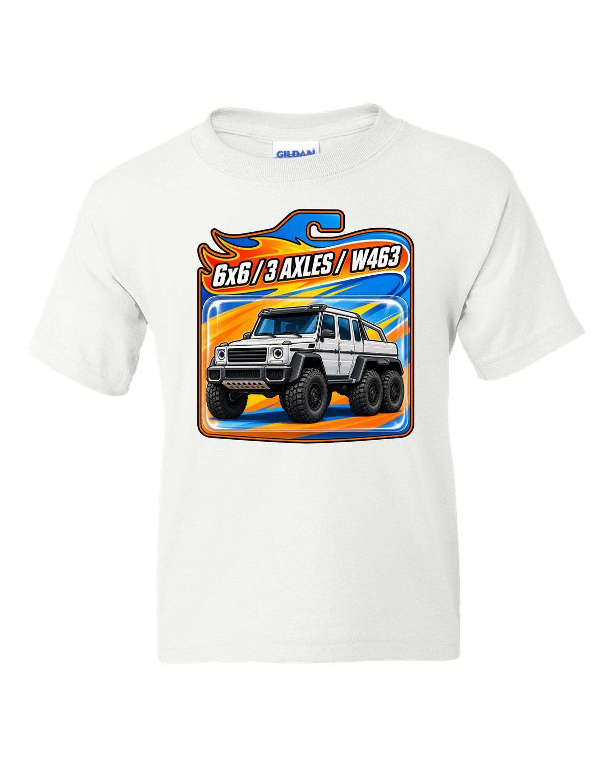 Toy blister card graphic of a Mercedes G63 6x6 W463 with three axles, print white kids tee front view with the design