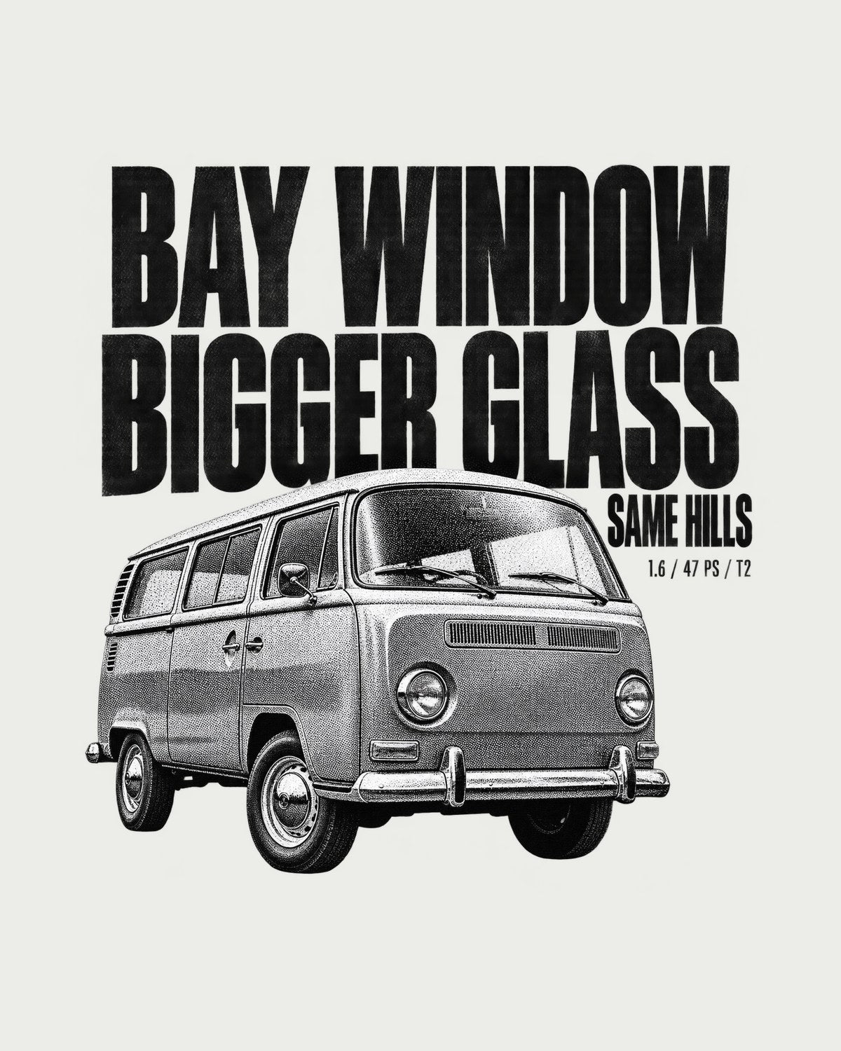 VW T2 Bay Window Bus Halftone Shirt, Bigger Glass Tee design only