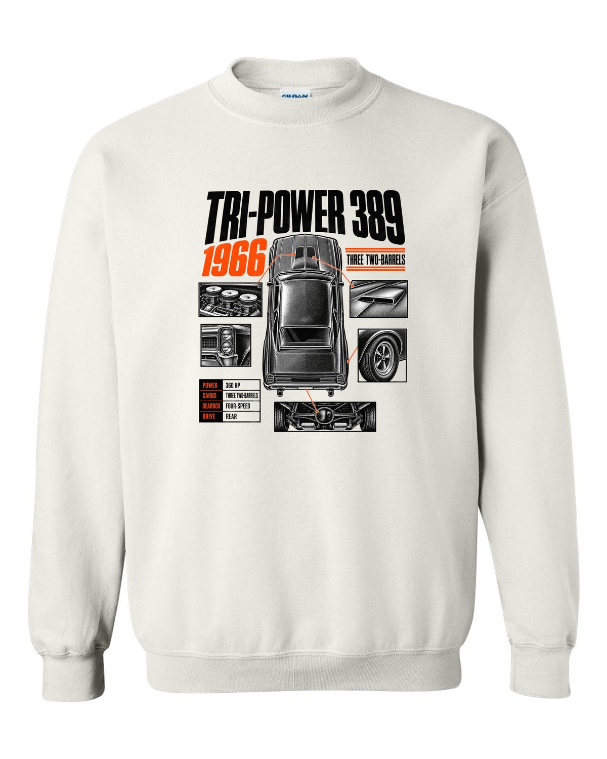 print spec poster of a 1966 Pontiac GTO with Tri-Power 389 lettering white crewneck front view with the design