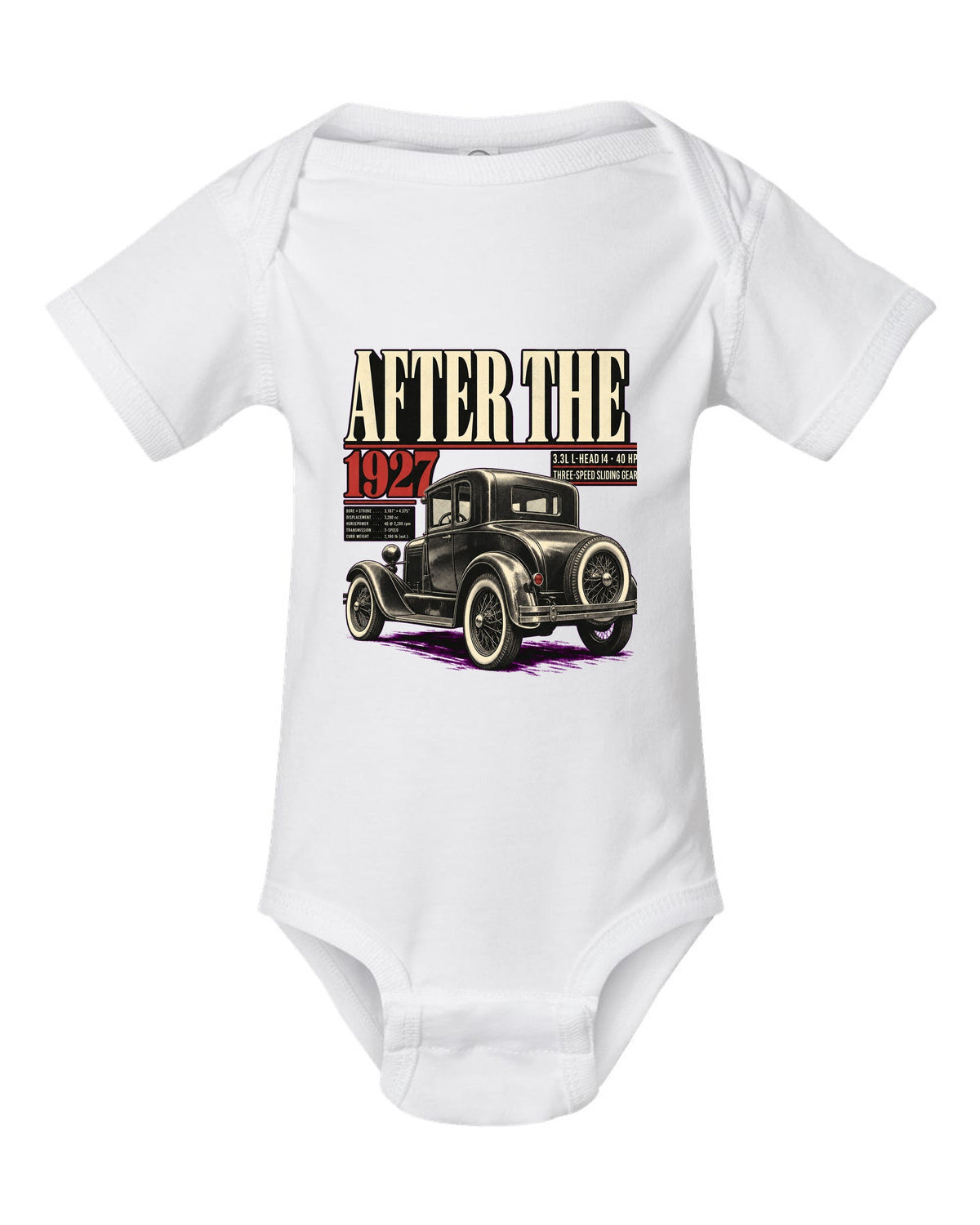 Editorial headline print of a Ford Model A coupe with spec lines white baby onesie front view with the design