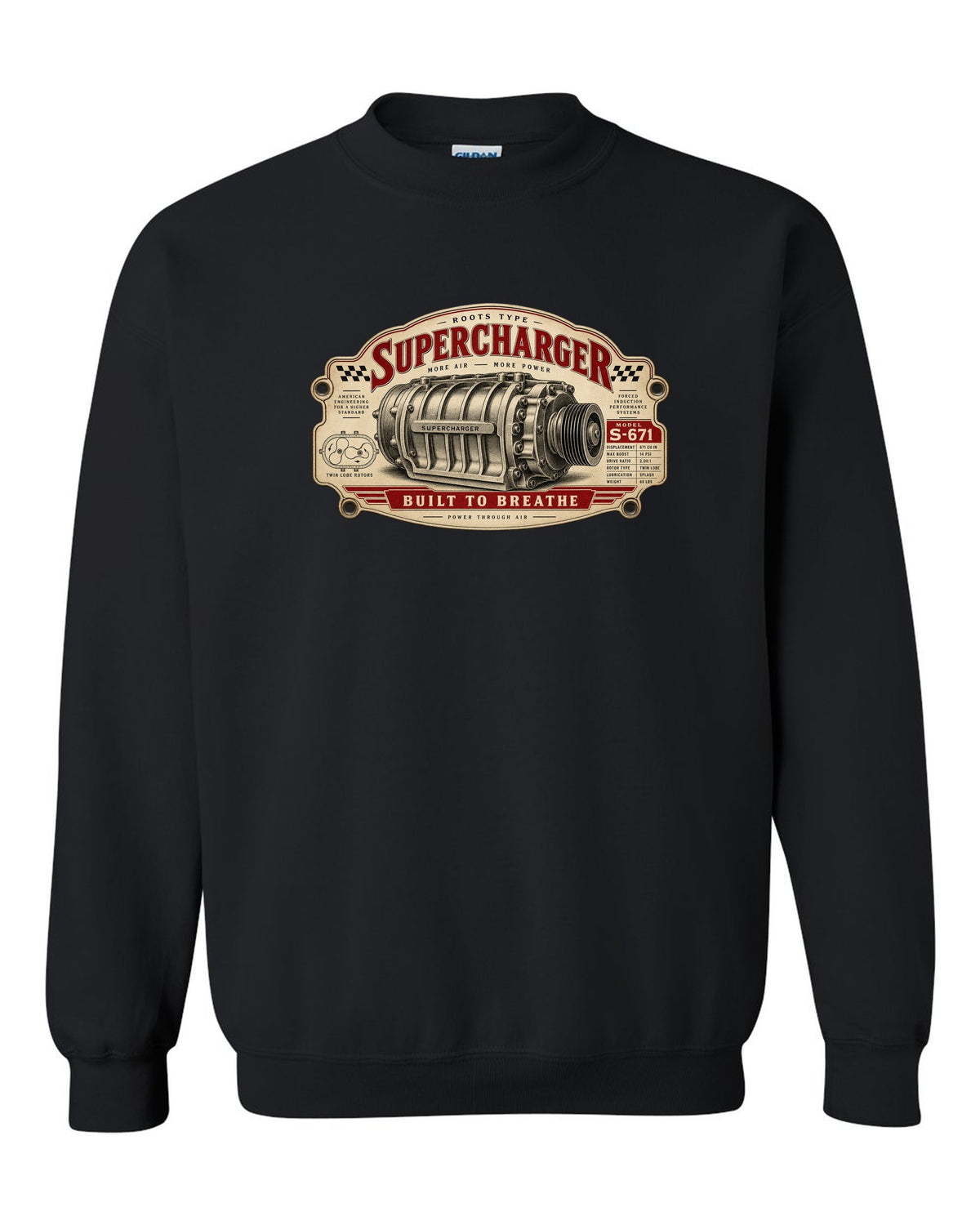 Spec-sheet data plate art of a 2023 Ford F-150 Raptor R P702 with 5.2 SUPERCHARGED 720 HP notes black crewneck front view with the design