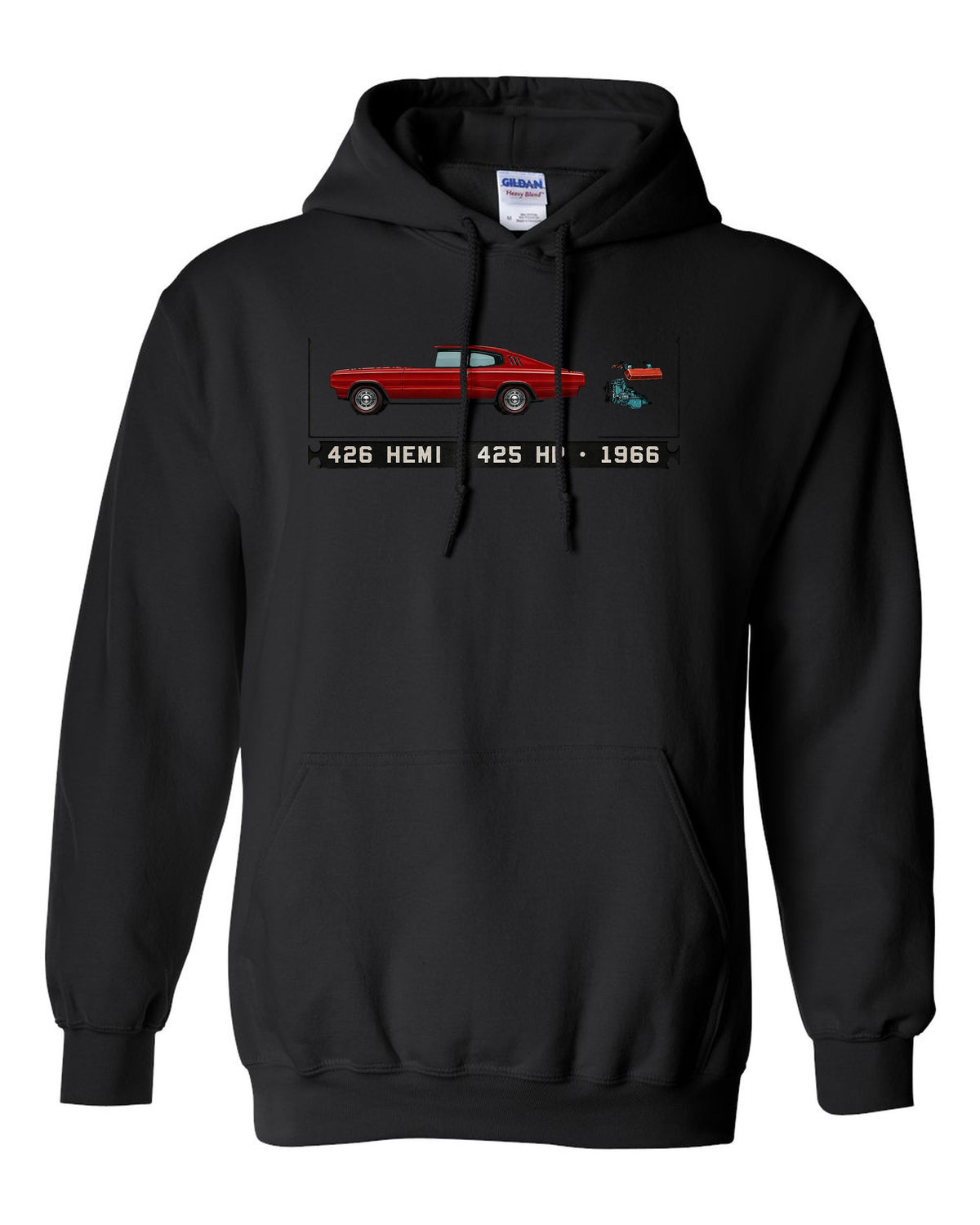 Spec-sheet data plate print of a 1966 Dodge Charger fastback with 426 Hemi text black pull over hoodie front view with the design