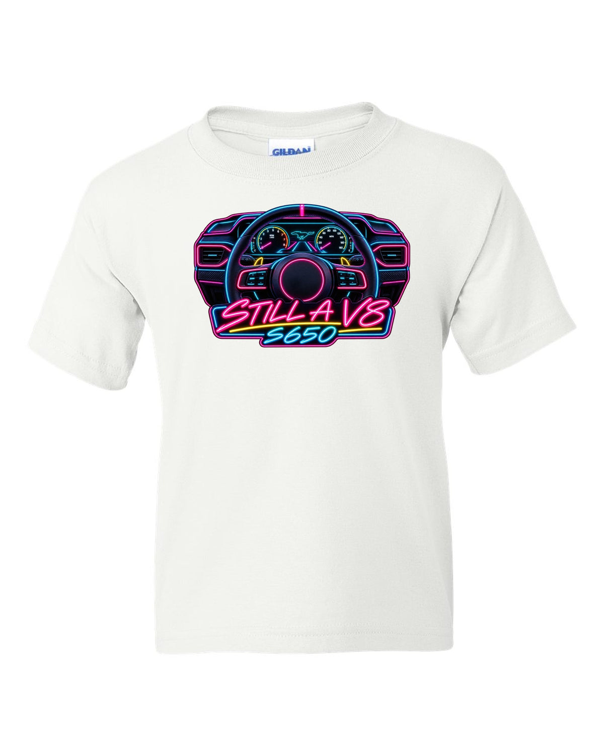 Neon sign style 2024 S650 Ford Mustang coupe with Still a V8 text white kids tee front view with the design