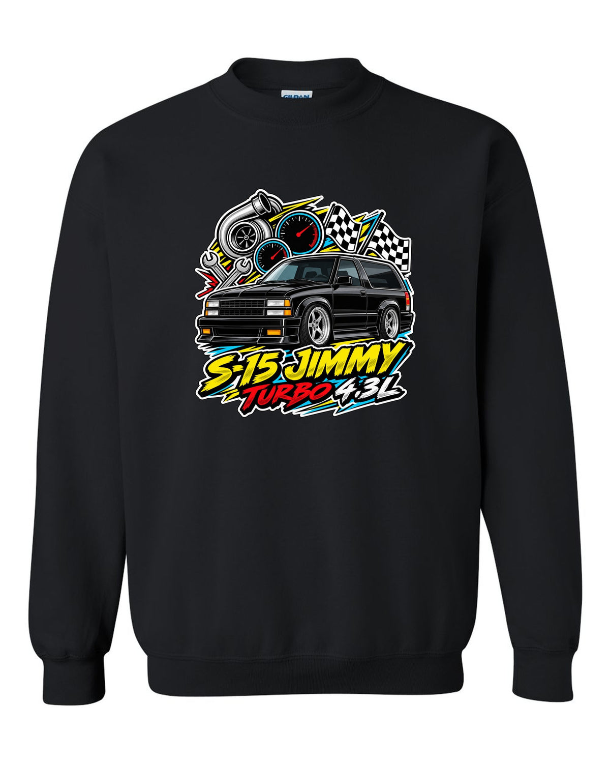 Sticker-bomb collage print of a 1992-93 GMC Typhoon with S-15 Jimmy Turbo 4.3L lettering black crewneck front view with the design