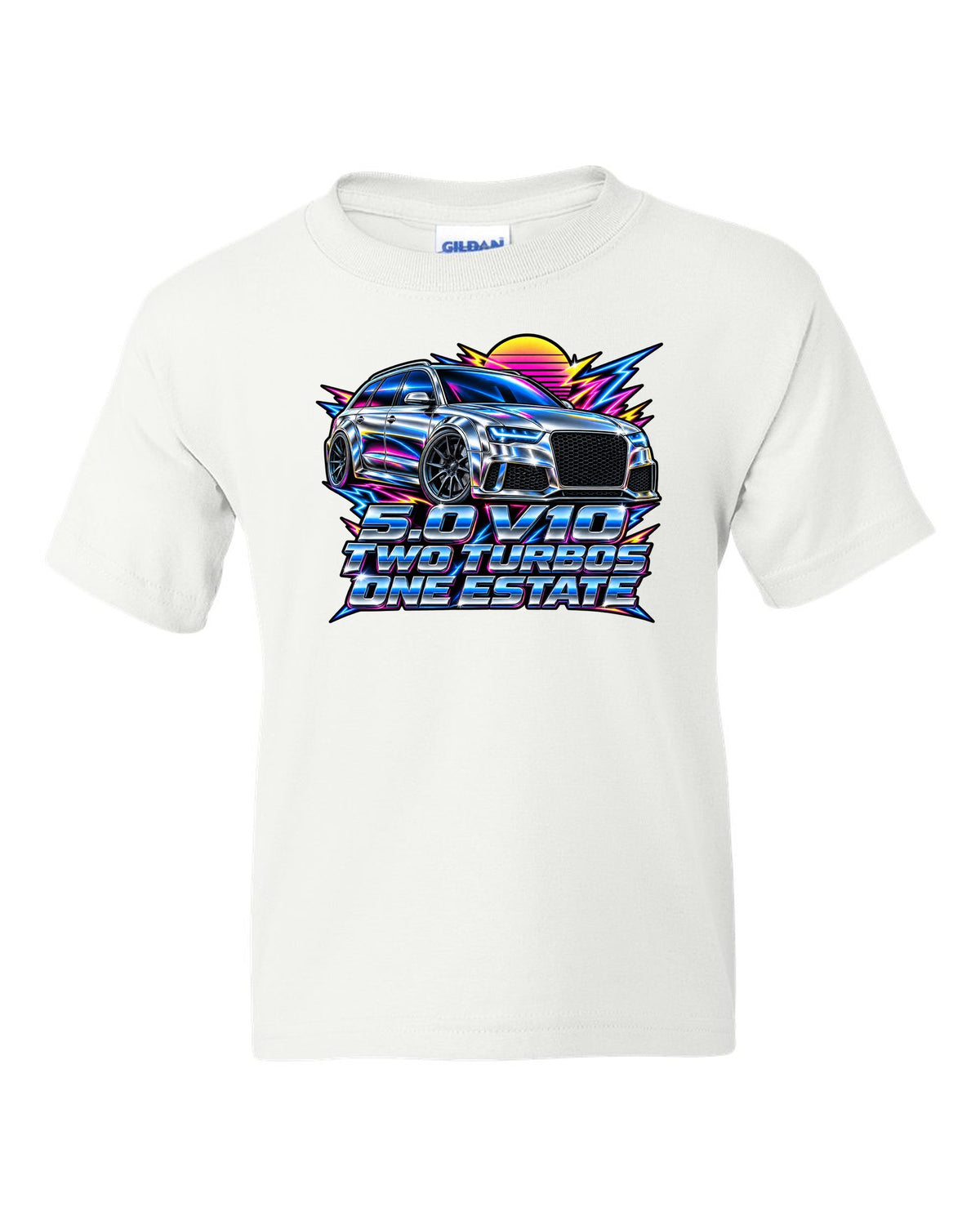 80s airbrush chrome design of the Audi RS6 Avant C6 4F with 5.0 V10 two turbos one estate lettering white kids tee front view with the design
