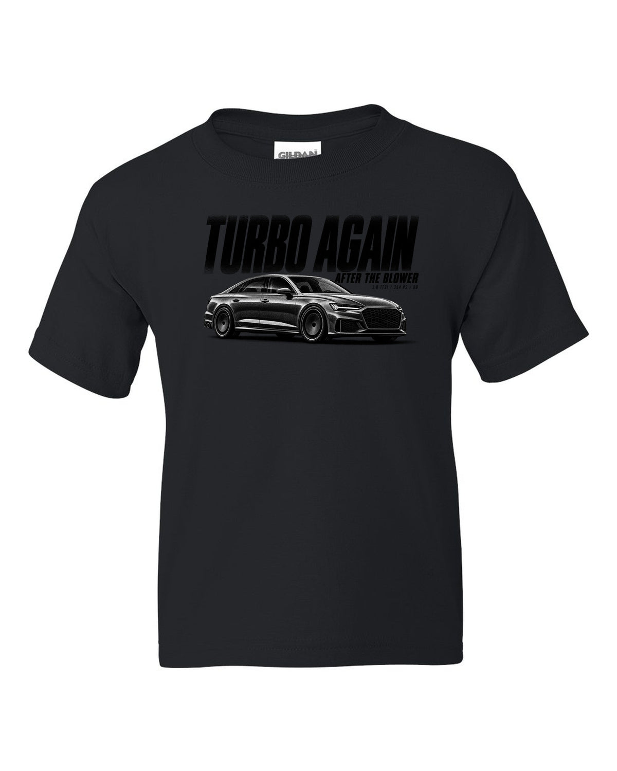 Audi S4 B9 Sedan Halftone Statement print black kids tee front view with the design