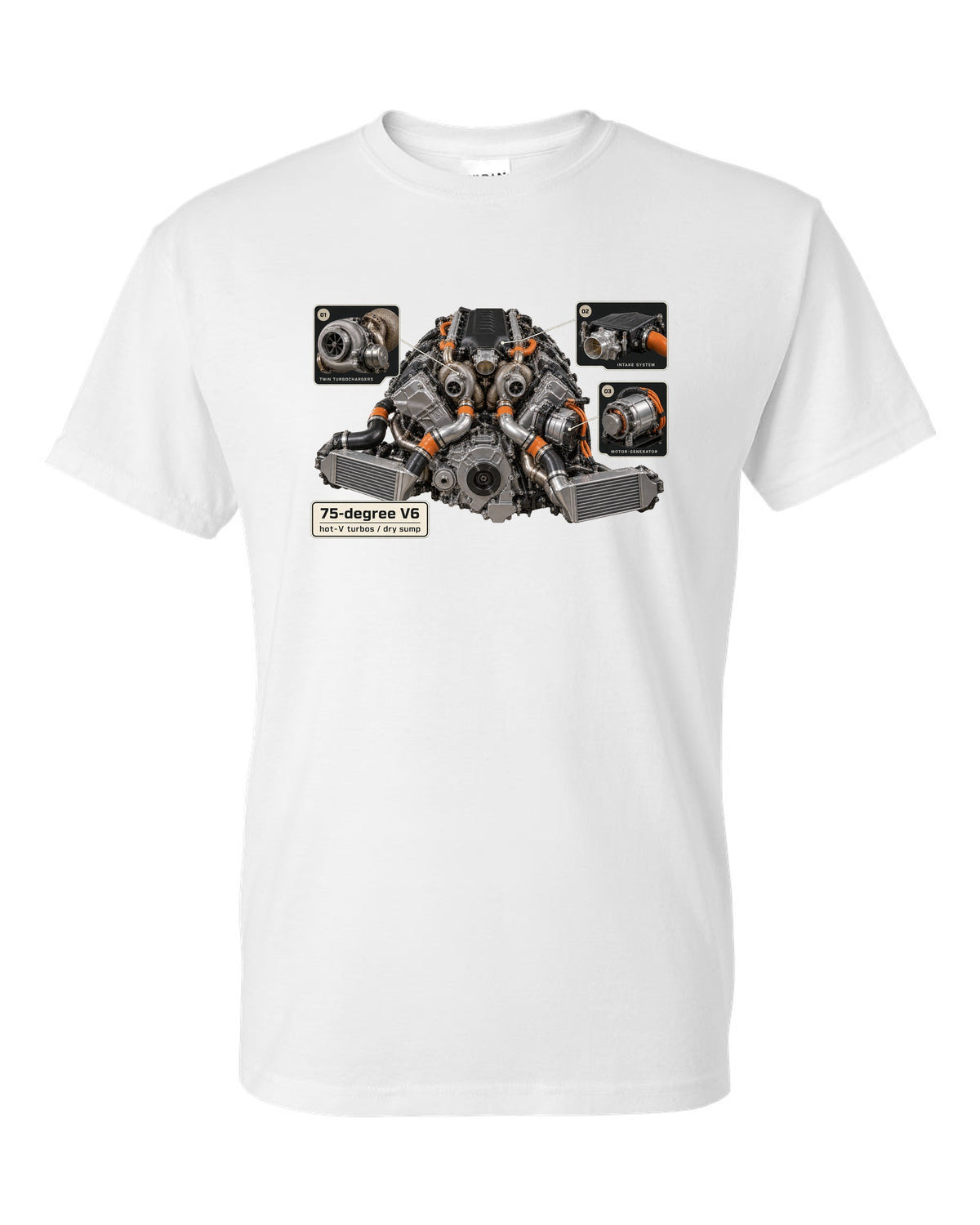Engine bay print of an Acura NSX NC1 3.5L twin-turbo V6 white t-shirt front view with the design