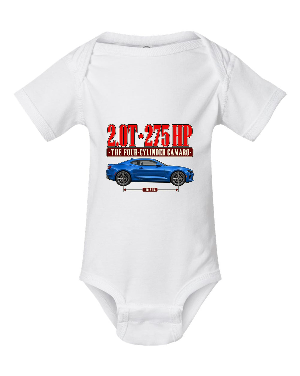 Editorial headline print for a Chevrolet Camaro 2.0T Turbo 1LE white baby onesie front view with the design