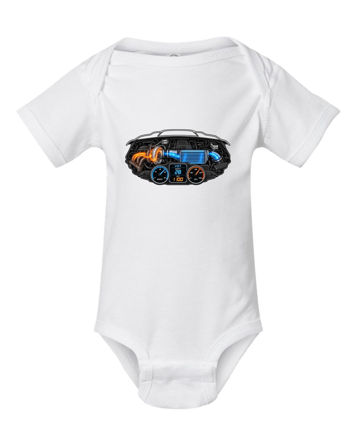 Gauge-cluster HUD print of a 2003-2009 Dodge Ram 3rd gen 5.9 compound turbo with VGT boost 28 EGT 1100 text white baby onesie front view with the design