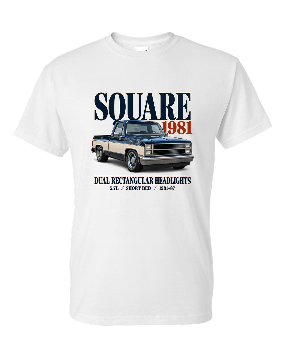 Editorial print of a 1981-87 Chevrolet C10 Squarebody in Silverado trim white t-shirt front view with the design