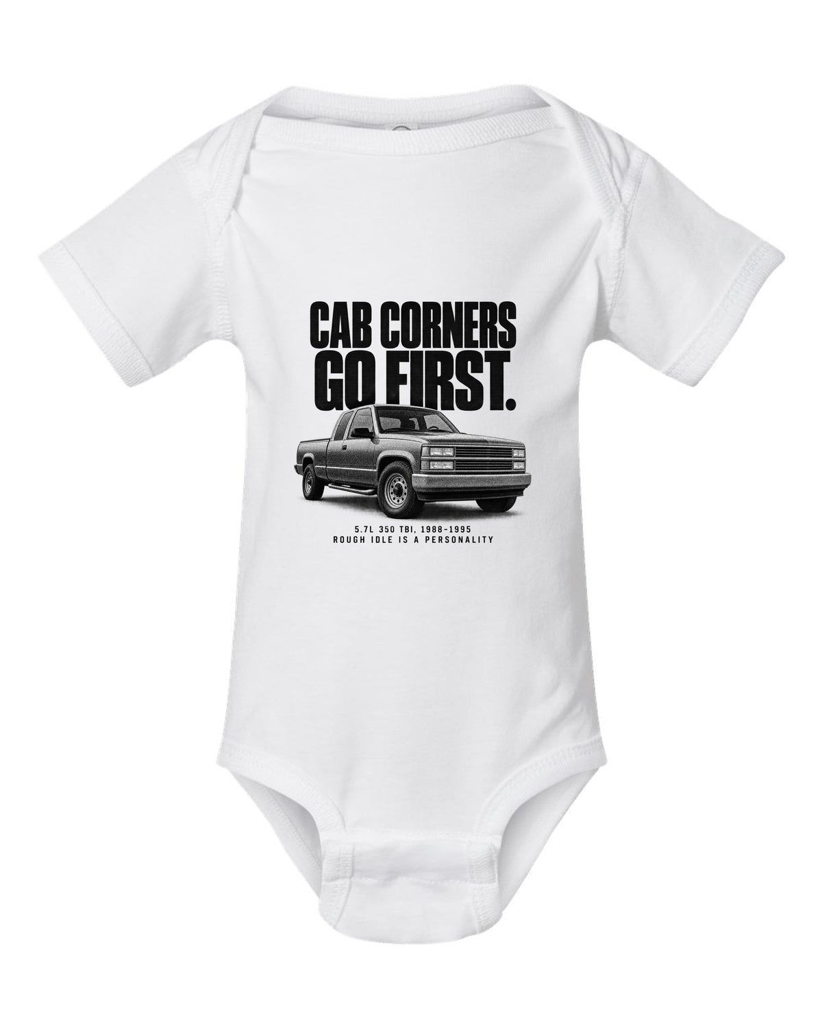 Halftone print of a 1988-98 Chevrolet GMT400 C1500 OBS with 5.7L 350 TBI text white baby onesie front view with the design