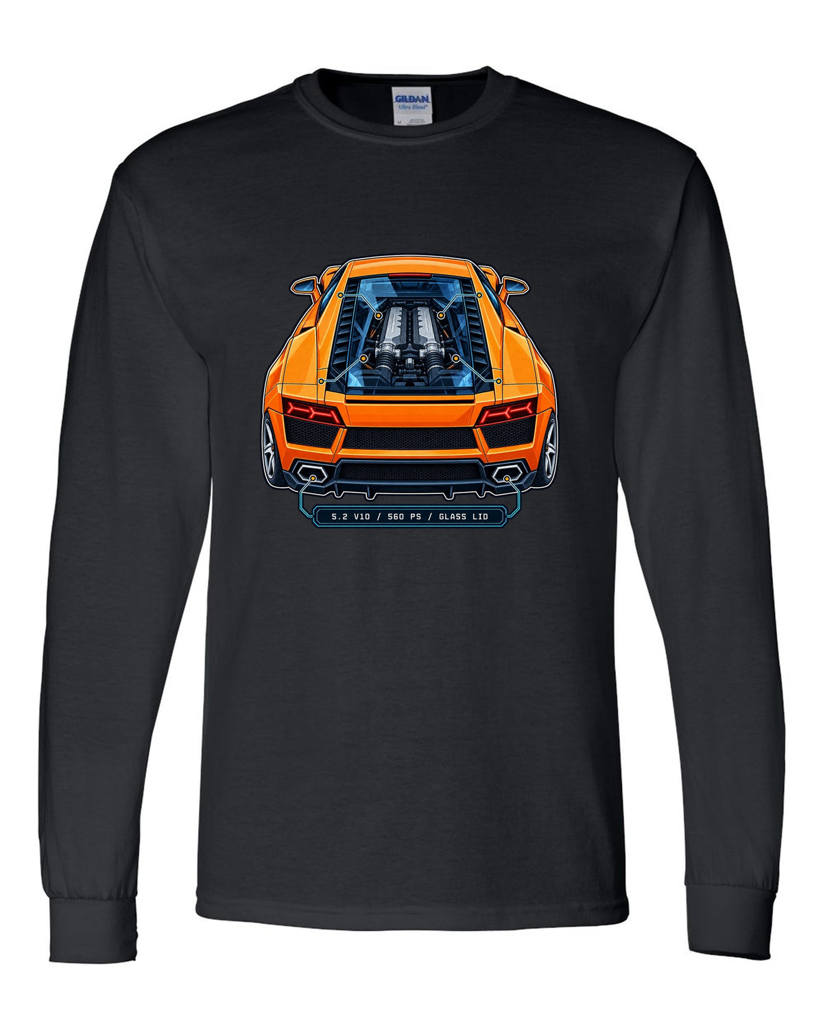Patent-style technical drawing of a Lamborghini Gallardo LP560-4 with V10 under glass black long sleeve front view with the design