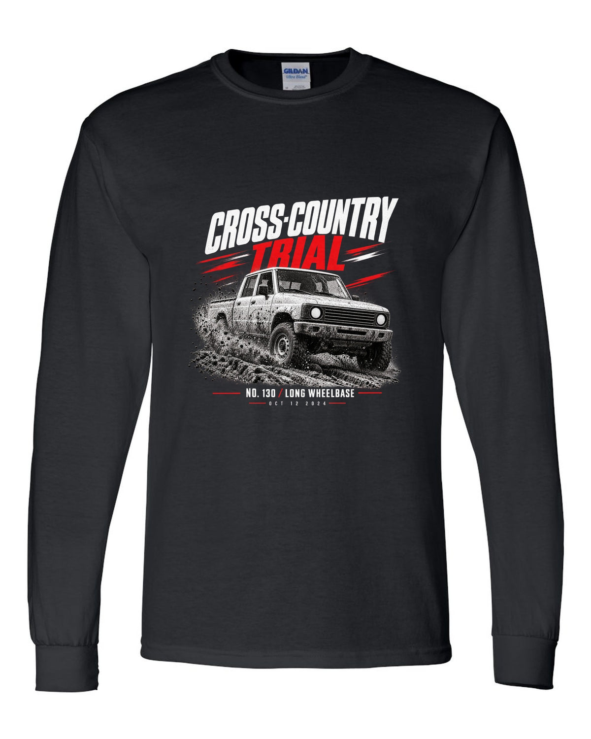Land Rover Defender 130 cross-country trial race poster print black long sleeve front view with the design