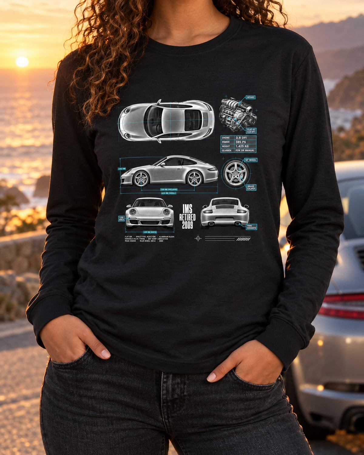 Porsche 911 Carrera S 997.2 IMS Retired 2009 Spec Poster Shirt Long Sleeve Black worn hero