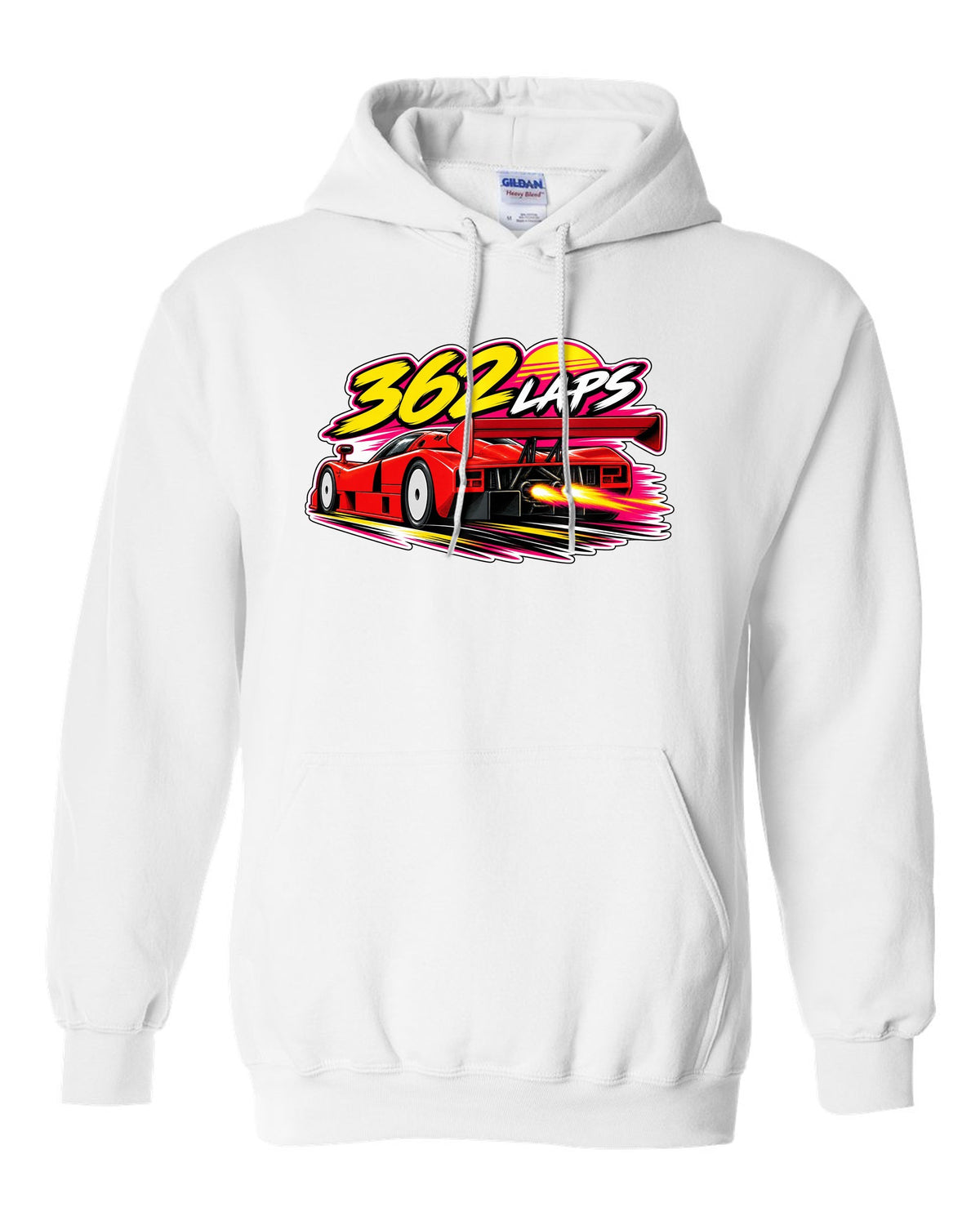 Retro 90s racing sticker-bomb collage for the Mazda 787B with 362 LAPS lettering white pull over hoodie front view with the design