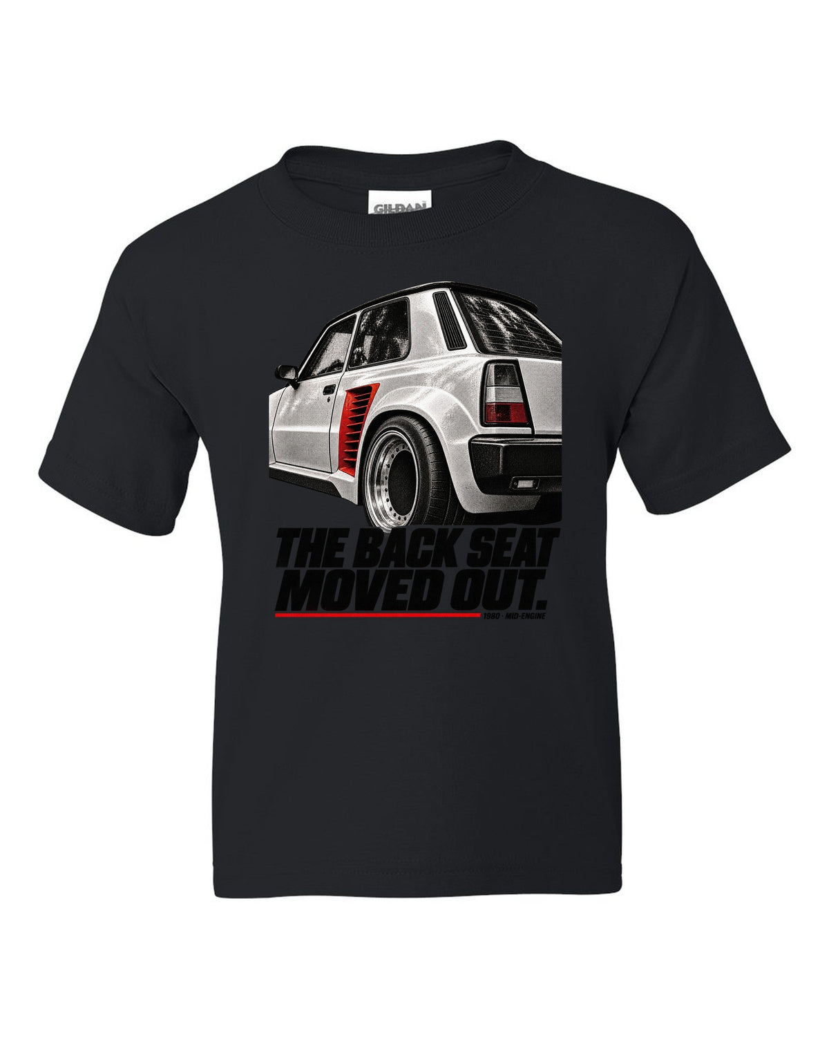 Renault 5 Turbo rear detail macro print with back seat caption black kids tee front view with the design