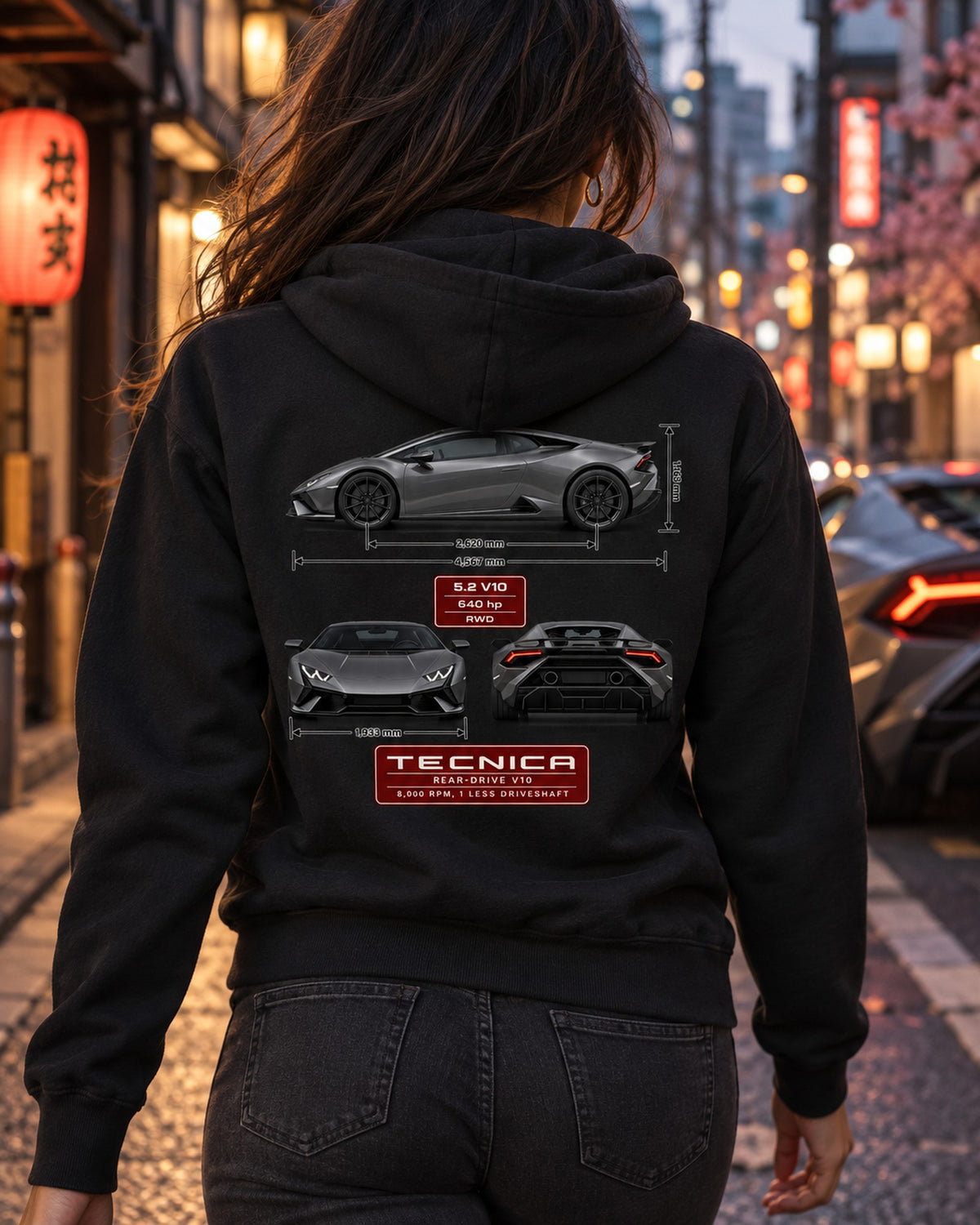 Lamborghini Huracan Tecnica Three-View Spec Table Shirt Zip Hoodie Black worn hero