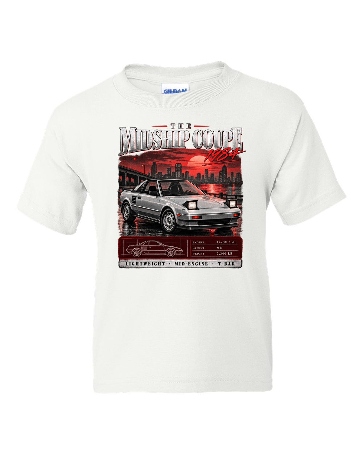 Archive panel print of a Toyota MR2 AW11 with the text The Midship Coupe 1984 white kids tee front view with the design
